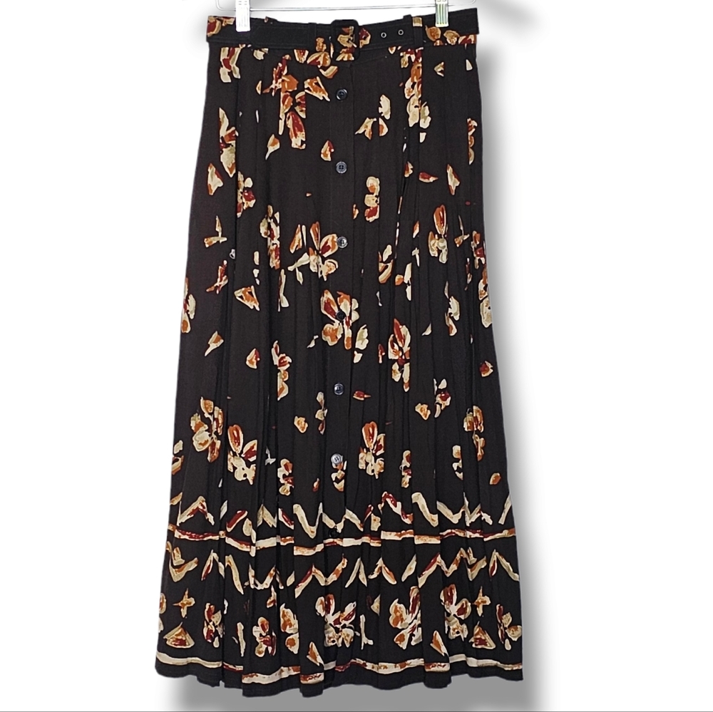 Together Vintage Maxi Skirt Size 8 Dark Brown Floral Pleated Button Front Modest